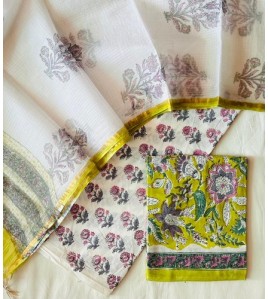 Handblock Lime Green Floral Kota Doriya Cotton Suits