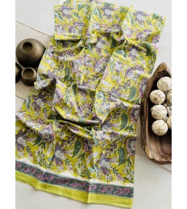 Handblock Lime Green Floral Kota Doriya Cotton Suits
