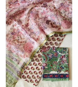 Handblock Green Floral Kota Doriya Cotton Suits