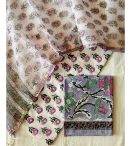 Handblock Blueberry Floral Kota Doriya Cotton Suits