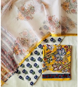Handblock Yellow Floral Kota Doriya Cotton Suits