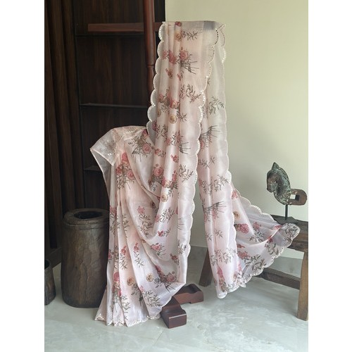 Peach Crush Chiffon Mirror Work - Exquisite Saree