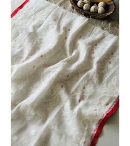 White and Red Muslin Silk Jamdani Saree