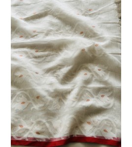 White and Red Muslin Silk Jamdani Saree