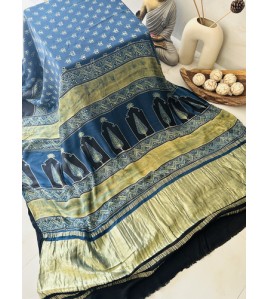 Ajrakh Blue Floral Butta Premium - Modal Silk Saree