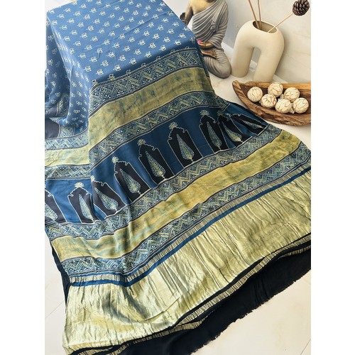 Ajrakh Blue Floral Butta Premium - Modal Silk Saree