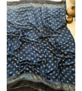 Ajrakh Blue Floral Butta Premium - Modal Silk Saree