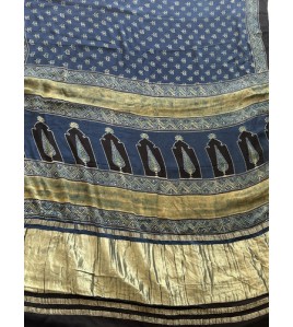 Ajrakh Blue Floral Butta Premium - Modal Silk Saree