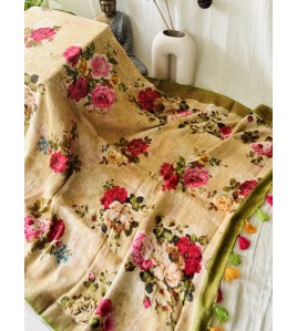 Mustard Green Pure Linen Saree