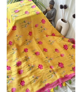 Yellow Tulip Pure Linen Saree