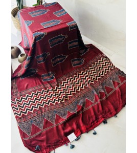 Ajrakh Wine Red - Modal Silk Dhupatta