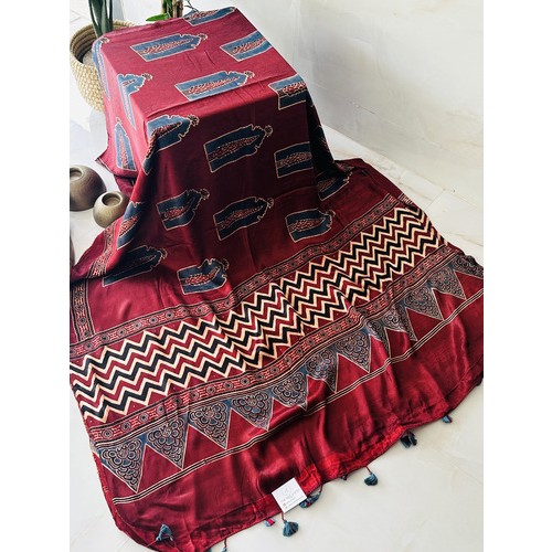 Ajrakh Wine Red - Modal Silk Dhupatta