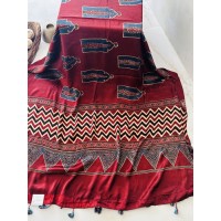 Ajrakh Wine Red - Modal Silk D...