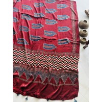 Ajrakh Wine Red - Modal Silk D...