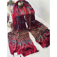 Ajrakh Wine Red - Modal Silk D...