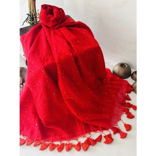 Red Chumki - Mul Cotton Saree