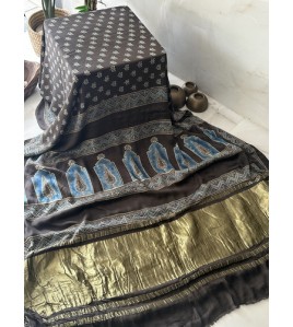 Ajrakh elephant Grey Butta Premium - Modal Silk Saree
