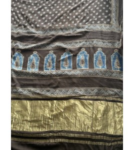 Ajrakh elephant Grey Butta Premium - Modal Silk Saree