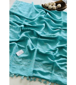 Pastel Blue Glass Beads Pure Linen Saree