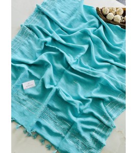 Pastel Blue Glass Beads Pure Linen Saree