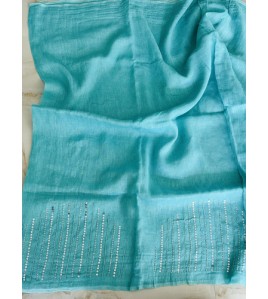 Pastel Blue Glass Beads Pure Linen Saree