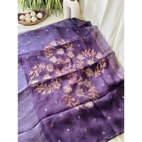 Mauve Violet Jamdani Linen Sar...