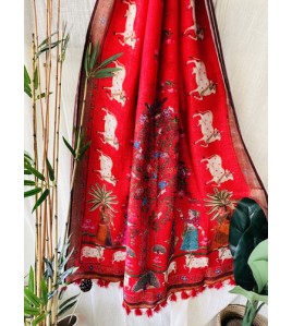 Kalamkari Kamadenu Red Pure Linen Saree