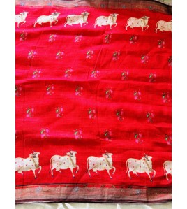 Kalamkari Kamadenu Red Pure Linen Saree