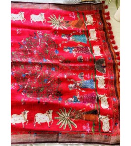 Kalamkari Kamadenu Red Pure Linen Saree