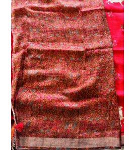 Kalamkari Kamadenu Red Pure Linen Saree