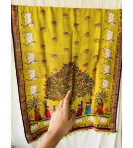 Kalamkari Kamadenu Lemon Green Pure Linen Saree