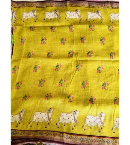 Kalamkari Kamadenu Lemon Green Pure Linen Saree