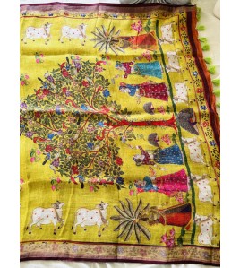 Kalamkari Kamadenu Lemon Green Pure Linen Saree