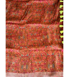 Kalamkari Kamadenu Lemon Green Pure Linen Saree