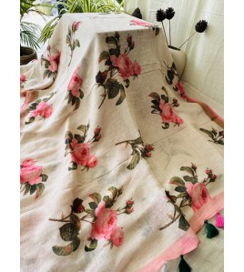 French Rose Pure Linen Saree