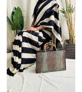 Striped Black and creme - Mul Cotton Saree