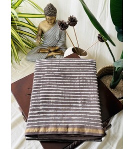 Coffee Grey Stripe-Silk Cotton Saree