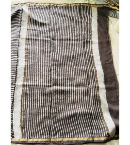 Coffee Grey Stripe-Silk Cotton Saree