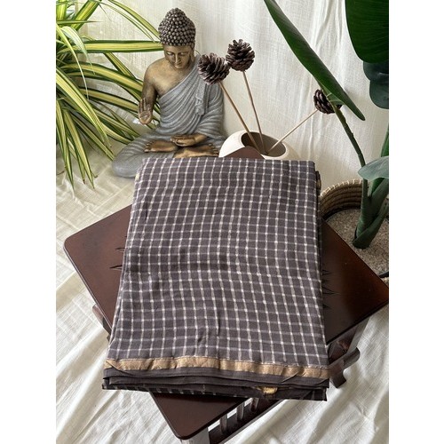 Coffee Grey Checked-Silk Cotton Saree