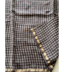 Coffee Grey Checked-Silk Cotton Saree